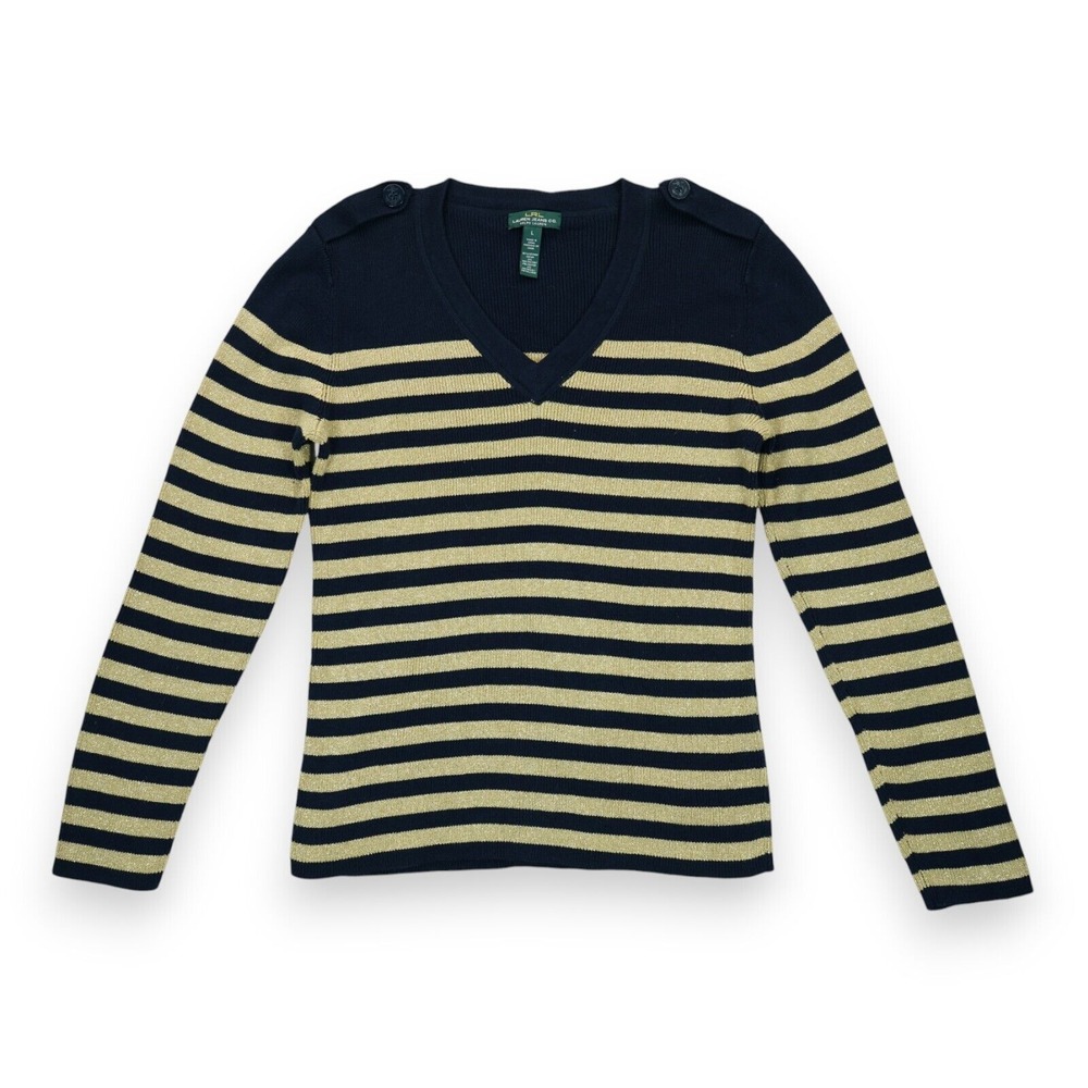Lauren Ralph Lauren Womens Navy Gold Metallic V Neck‎ Striped Pullover Sweater L